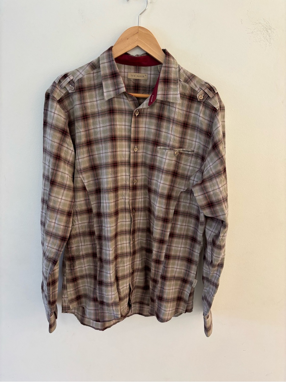 Ted Baker - Plaid Button-Down Shirt in Beige/Brown, Men’s size 5 (L-XL). Cotton
